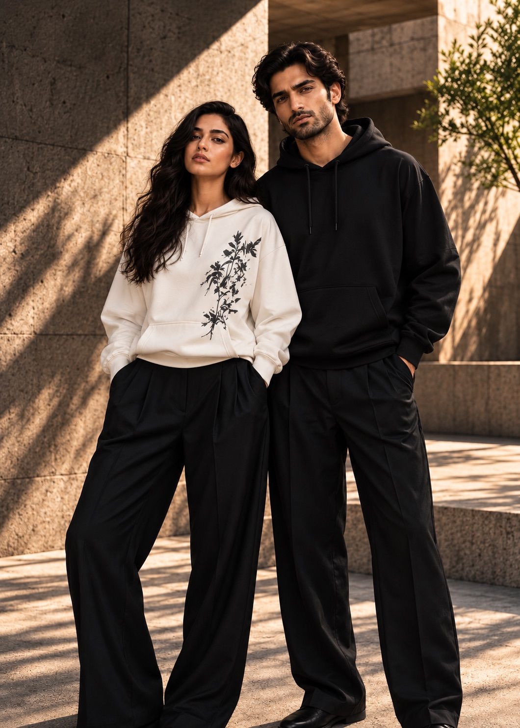 A woman in a cream hoodie with a botanical print beside a man in a black hoodie, against a sunlit concrete wall