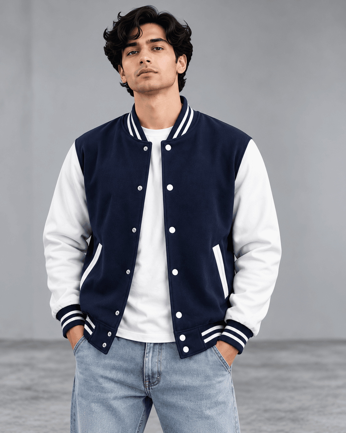 Classic Varsity Baseball Jacket – Navy Blue & Black | TARUM STUDIO
